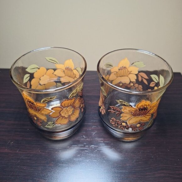 Libbey Juice Glasses Small Vintage Pair 2 Floral Cups Golden Brown Fall Granny‎ - Picture 2 of 5
